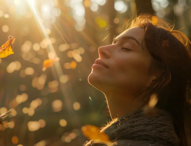 A woman with closed eyes, head raised towards the sunshine.